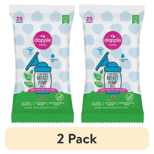 (2 pack) Dapple Baby Breast Pump Cleaning Wipes, Unscented, 1 Resealable Pack (25 Wipes)
