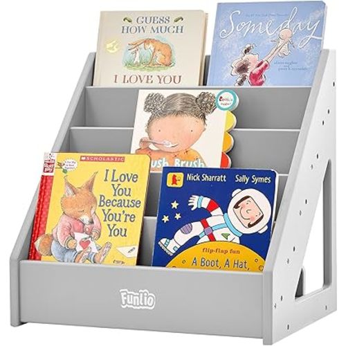 FUNLIO Montessori Bookshelf for Toddlers 1-5 Years, Front-Facing Kids Bookcase with Handle & Anti-Tilting Device, Premium Pine Baby Bookshelf, Children's Bookcase for Nursery/Classroom - Grey