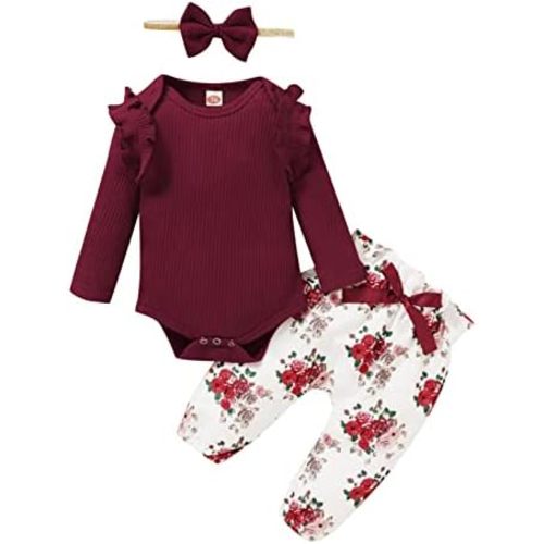 Baby Infant Girls Pants Set Spring Clothes Solid Ribbed Romper Ruffle Long Sleeve Tops Flower Print Pants 3Pcs