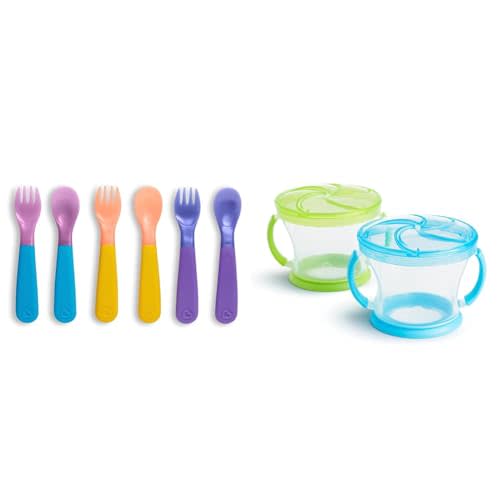 Munchkin® ColorReveal™ Color Changing Toddler Forks and Spoons, 6 Pack & Snack Catcher® Toddler Snack Cups, 2 Pack, Blue/Green