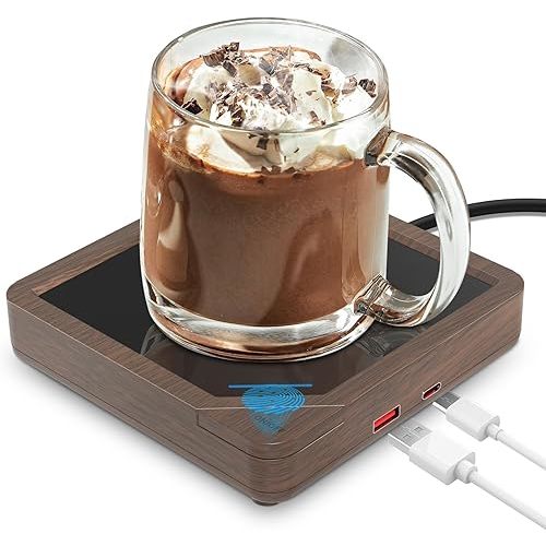 Coffee Mug Warmer with 2 USB Charging Ports: Auto Shut-Off Candle Wax Warmer - Heated Beverage Coffee Accessories for Home Office Desk - U1 Wood