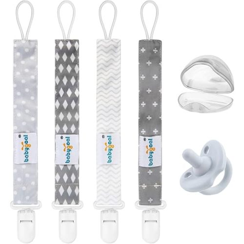 Babygoal Pacifier Clips with Pacifier and Case, 4 Pack Binky Paci Holder and Leash for Boys and Girls Fits for Most Pacifier, Binkie Styles & Baby Teethers & Toys and Gift 4PS07-NZ