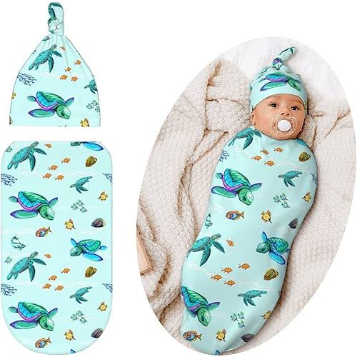 Swaddling Blanket for Baby, Sleeping Sacks, Unisex Baby Stuff with Hat, Turtle