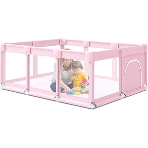 Baby Playpen, Large playpen 74 x 50 inch, Playpen for Babies and Toddlers with Gate, Safety Baby Activity Center for Indoor & Outdoor (Pink)