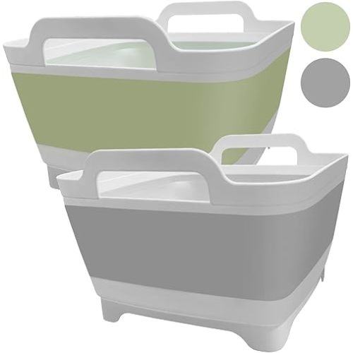 Collapsible Wash Basin with Drain Plug Carry Handles (Green + Grey)