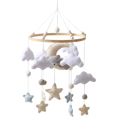 Sleeping Bear Baby Crib Mobile Handmade Soothing Bedtime Baby Mobile for Crib Felt Night Mood Nursery Decor for Baby Boy&Girl Easy Assembly & Durable Newborn Gift (Moon Bear)