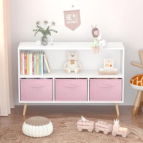 Kids Bookcase and Bookshelf, Multi Shelf Cubby with 3 Collapsible Fabric Drawers, Children's Book and Toy Display Rack, Toy Storage Organizer for Bedroom, Playroom, Hallway, White + Pink