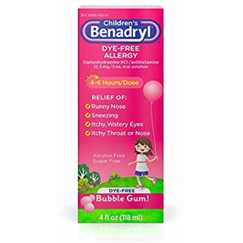 Children’s Benadryl Dye-Free Allergy Liquid with Diphenhydramine HCl, Bubble Gum Flavor, 4 fl. oz