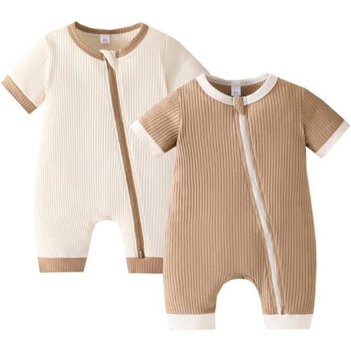 Bafeicao Unisex Baby Boy Girl 2 Pack Rompers Short Sleeve Two Way Zipper Romper One Piece Jumpsuits Clothes Sets - 0-3 Months - S Beige+apricot