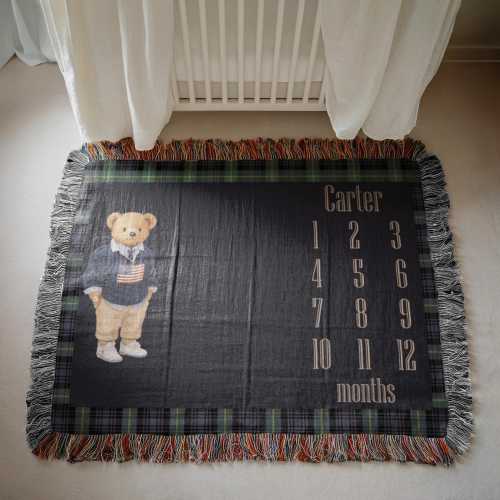 Polo Teddy Bear Milestone Woven Blanket | Baby Blanket with Months Chart