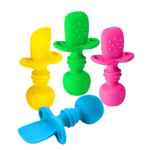 LittleWhispers Baby Silicone Spoons - Self Feeding 6 Months - Infant, Toddler, & Kid Friendly Utensils - First Stage, Baby Led Weaning - 4 Pack Utensil Set (Neon)