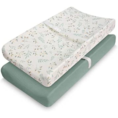 Muslin Changing Pad Cover for Baby Girls Boys, Cotton Natural Comfort Diaper Change Table Pad Covers, Ultra Soft Breathable Boho Changing Pad Sheets, 2Pack (Roman Green&Botanical Leaf)