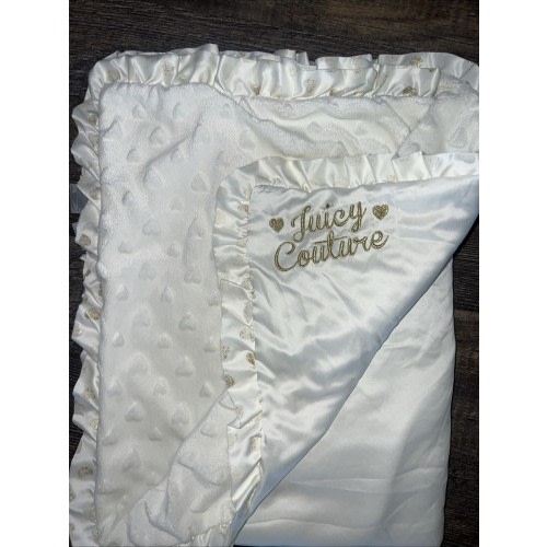 Juicy Couture Infant Ivory Blanket Embossed Hearts Satin Gold Heart Ruffle EUC