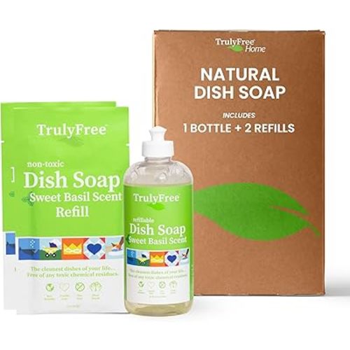 Natural Concentrated Dish Detergent Dishwashing Liquid | Plant-Based Dish Soap | Sweet Basil Fresh Scent | 2 Refill Packs with 1 Empty Refillable Squeeze Bottle (16 Oz)