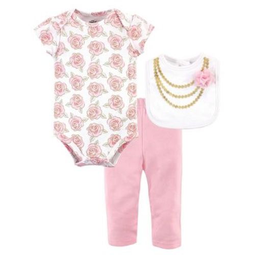 Little Treasure Baby Girl Bodysuit, Pant And Bib, Gold Roses, 3-6 Months