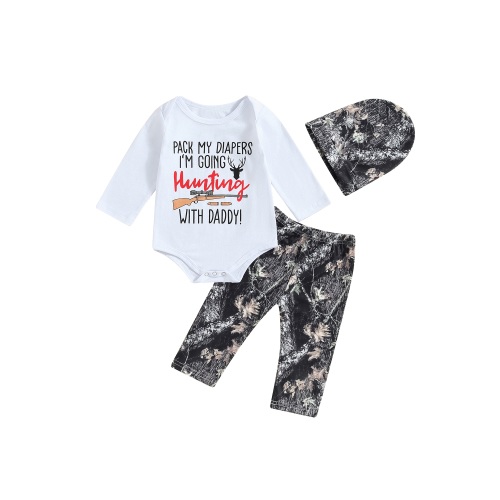 Newborn Baby Boy Fall Clothes I‘m Going Hunting with Daddy Print Long Sleeve Rompers and Casual Elastic Pants Hat 3 Piece Outfit