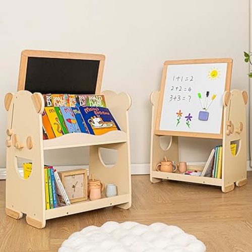 Montessori Bookshelf & Easel for Kids – 2-in-1 Wooden Art Easels with Chalkboard & Whiteboard for Toddlers – Kid Toy Shelf & Storage Organizer – Book Shelves for Toddler Room & Nursery