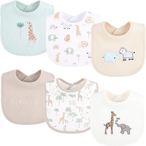 6 Pack Baby Bibs for Drooling and Teething Soft Cotton Absorbent with Hook and Loop Adjustable Embroidered