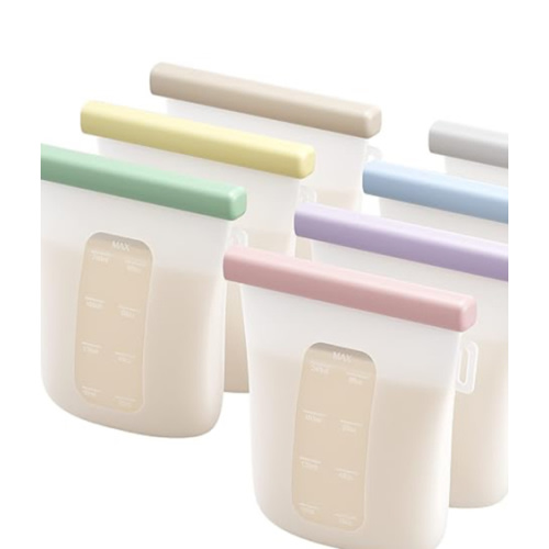 Nuliie 7 Pcs Silicone Breastmilk Storage Bags Reusable, 8oz/240ml Double Leak-Proof Breastmilk Freezer Bags, BPA Free Self-Standing Milk Bags for Breastfeeding, Baby Food Pouches