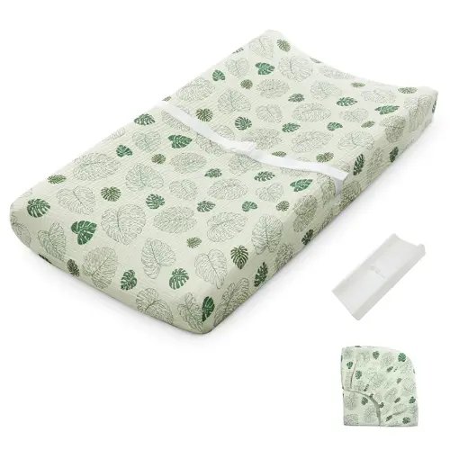 Blissful Diary Muslin Baby Changing Pad with Waterproof Lining Foam, Diaper Changing Table Pad with Cover for Dressers (Monstera, Rectangular)