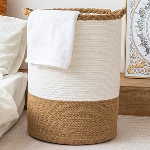 72L Woven Laundry Basket,Tall Wicker Laundry Basket for Blankets,Clothes,Pillows,Toys,Shoes Large Cotton Laundry Hamper for Bedroom Living Room Bathroom Nursery White Brown