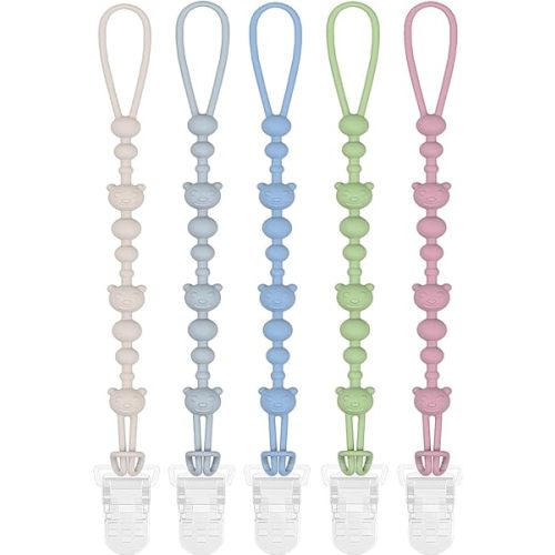 Pacifier Clip 5 Pack Silicone Pacifier Holder Clip with Safety Plastic Clip,Baby Essentials Flexible Binky Clips Easy to Clean and Disinfect with Texture for Baby Boy and Girl (5 PACK)