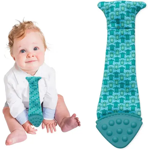 Tasty Tie Teething Tie, 3-in-1 Clip-on Baby Tie, Crinkle Toy & Silicone Teether for 3-6-9-12-18 Month Babies, Unique Baby Boy Gift or Stocking Stuffer, Turtle Style