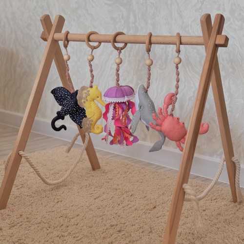 Baby Play Gym | Wooden Frame Baby Gym | Baby Gym Toy Set | Foldable Toddler Activity Center | Montessori Toys | Hanging Bar | Newborn Gift