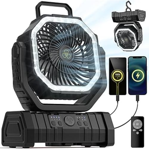 Camping Fan - 20000mAh Battery Powered Fan Rechargeable with LED Lantern - Portable Outdoor Tent Fan with Hanging Hook 4 Speeds Wind Remote Control
