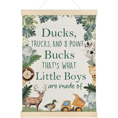 Nrleey Boy Nursery Wall Decor with Wooden Poster Hanger - Little Boy Room Decor, Woodland Baby Animal Truck Wall Art Posters for Nursery Bedroom Playroom, 12x16 Inch