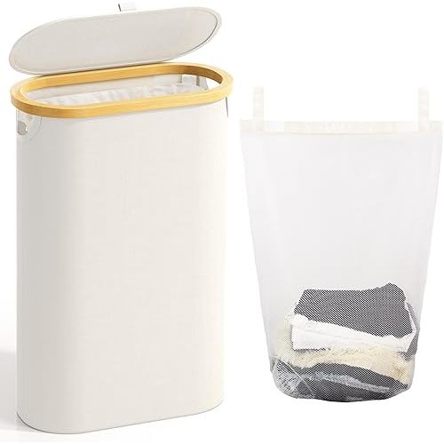 Slim Laundry Hamper with Lid, 60L Small Laundry Basket with Handles&Removable Bag, Thin Dirty Clothes Hampers for Laundry, Narrow Laundry Hampers for Bedroom Aesthetic, Beige