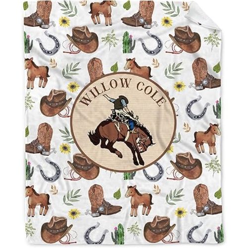Personalized Retro Horse Western Cow-Boys Baby Blanket Gifts for Girls Boys, Custom Retro Horse Western Baby Blanket with Name, Retro Horse Western Baby Stuff Decor Toddler-40x30In Lap