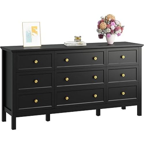 CARPETNAL Black Dresser for Bedroom, 9 Drawer Dresser with Wide Drawers and Gold Metal Handles, 59" White and Gold Dressers TV Stand, Modern Dressers & Chests of Drawers for Hallyway, Entryway.