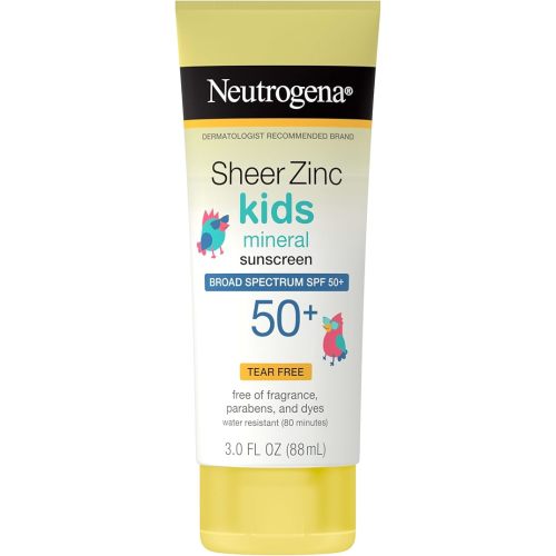 Neutrogena Kids Mineral Sunscreen Sheer Zinc Oxide Lotion, Broad Spectrum SPF 50 with UVA/UVB Protection, Water Resistant for 80 Minutes, Fragrance and Tear Free, 3 FL OZ