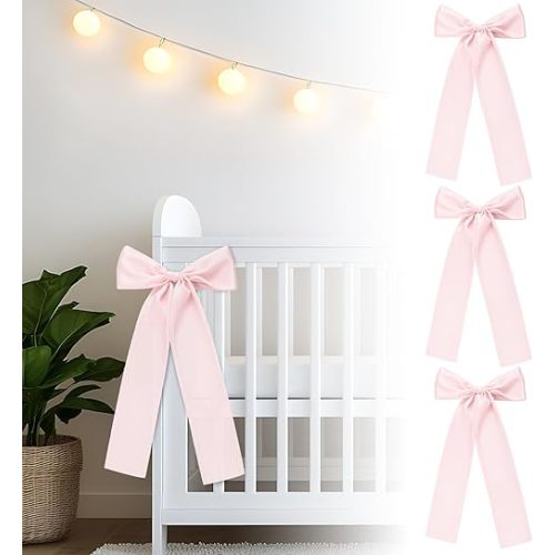 4 Pcs Pink Crib Bows Ribbon 3.5" x 57" Coquette Nursery Decor Large Double Layer Satin Silk Ribbon Baby Crib Bedding Bow for Nursery Baby Shower Curtain Sash Tie Backs Decor