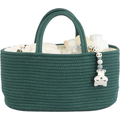 Baby Diaper Caddy Organizer for Girl Boy Rope Nursery Storage Bin Basket Portable Holder Tote Bag for Changing Table Car Travel Baby Shower Gifts Newborn Essentials Registry Must Have Items Dark Green