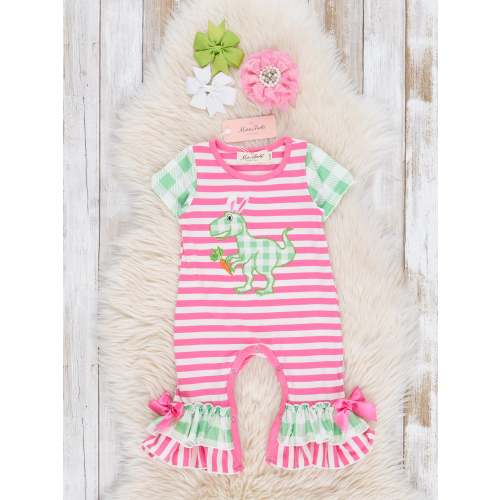 Pink & Green Gingham Embroidered T-Rex Ruffle Romper