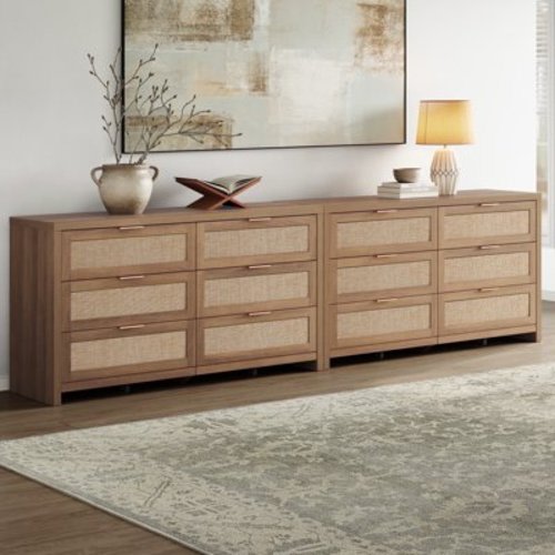 SICOTAS 56.85" Wide Rattan Dresser 6 Drawer Set of 2,Boho Dresser with Large Storage Space Oak Dressers & Chests of Drawer Engineered Wooden Long Dressers for Bedroom,