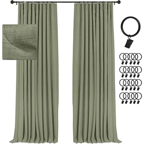 INOVADAY 100% Blackout Curtains for Bedroom, Black Out Curtains 84 Inch Long, Clip Rings Linen Blackout Drapes, Thermal Insulated Room Darkening for Living Room, 2 Panels - Light Sage Green,W50xL84