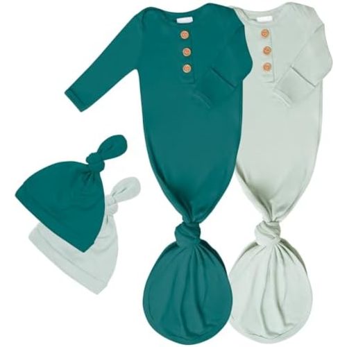 2-Pack Newborn Baby Knotted Gown and Hat Set, Soft Stretchy Infant Sleepwear with Mittens, 4-Piece Outfit (0–6M)