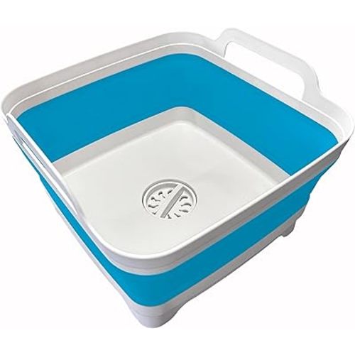9L (2.4Gallon) Dish Basin Collapsible with Drain Plug Carry Handles, Space Saveing Kitchen Storage Tray Dish Wash Basin, Portable Dish Tub for Camping,RV,Blue