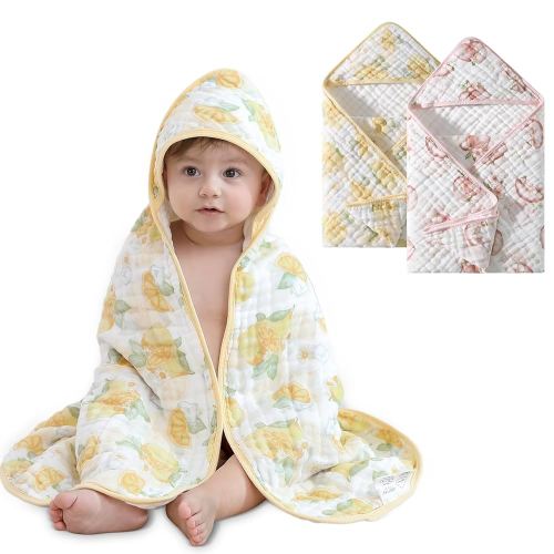 Muslin Hooded Baby Towels 2 Pack, Ultra Soft & Absorbent Baby Bath Towels, Bath & Beach Essentials, Shower Gifts for Newborns, Babies, Infant, Toddler - 32x32 Inch (Lemon & Peach)
