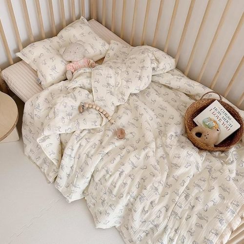 BuLuTu Baby Crib Quilt Cotton Muslin Toddler Blanket for Kids Boys Girls Soft Breathable Toddler Quilted Blankets Kids Comforter with Lace Edges, 79x59 Inches, Kitty Patern, Machine Washable