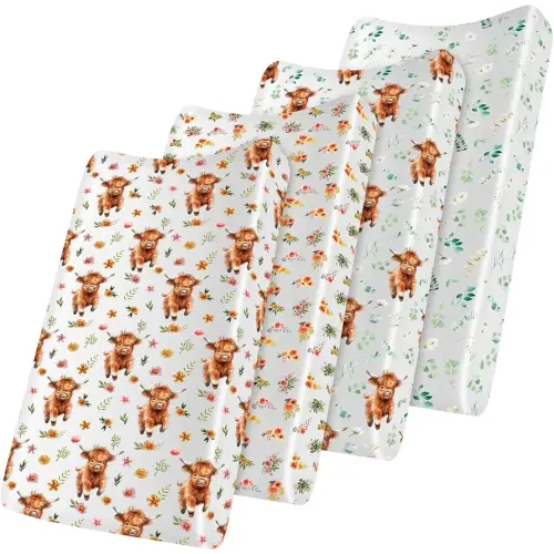 4 Pcs Highland Cow Fitted Standard Crib Sheet 52" x 28" Eucalyptus Leaf Changing Pad Cover for Baby Floral Boho Crib Sheets Western Cow Nursery Decor Neutral Flower Diaper Change Table Cover