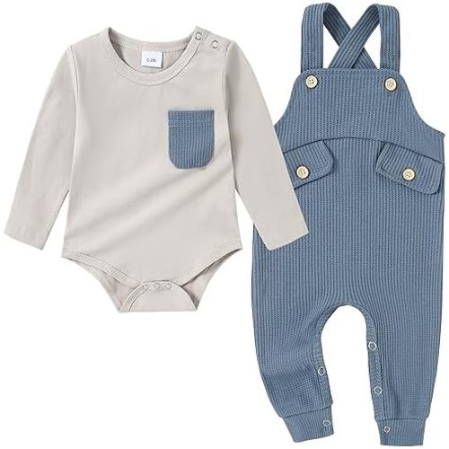 CARETOO Newborn Baby Boy Clothes Infant Boy Romper Fall Winter Outfits Bodysuit 2Pcs Striped Long Sleeve Top Overalls 0-18M