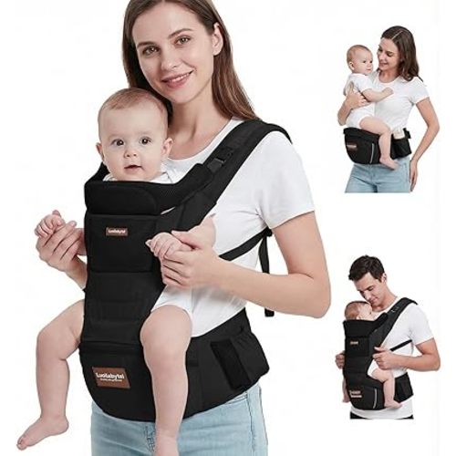 Baby Carrier with Hip Seat, 6-in-1 Baby Carrier Newborn to Toddler, Forward-Facing Carry for Active Babies, Adjustable Detachable Infant Carrier, Hands-Free Baby Holder (Black)