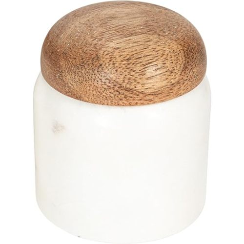 Creative Co-Op Marble and Mango Wood Pinch Pot with Lid, White and Natural