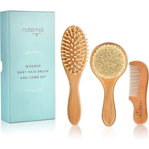 Natemia Baby Hair Brush and Comb Set - Wooden Soft Bristle Brush, Cradle Cap Brush for Newborns and Toddlers