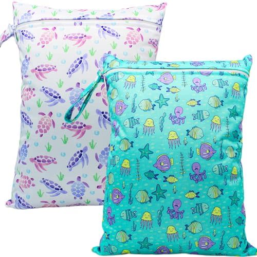 Wet Dry Bag Waterproof Reusable Wet Bag for Swimsuit, Travel, Beach, Pool, Bathing Suit, Diapers, Dirty Yoga Gym Clothes Daycare Organizer One Zippered Pocket (fish turtle)