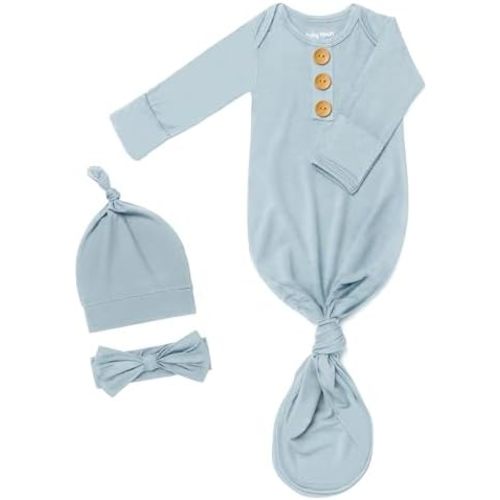 Soft Newborn Knotted Gown with Hairband and Hat, Baby Boy Girl Coming Home Outfit, Sleeper Baby Sleep Gown with Mittens
